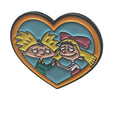 Hey Arnold enamel pin featuring Arnold and Helga holding hands inside a heart design