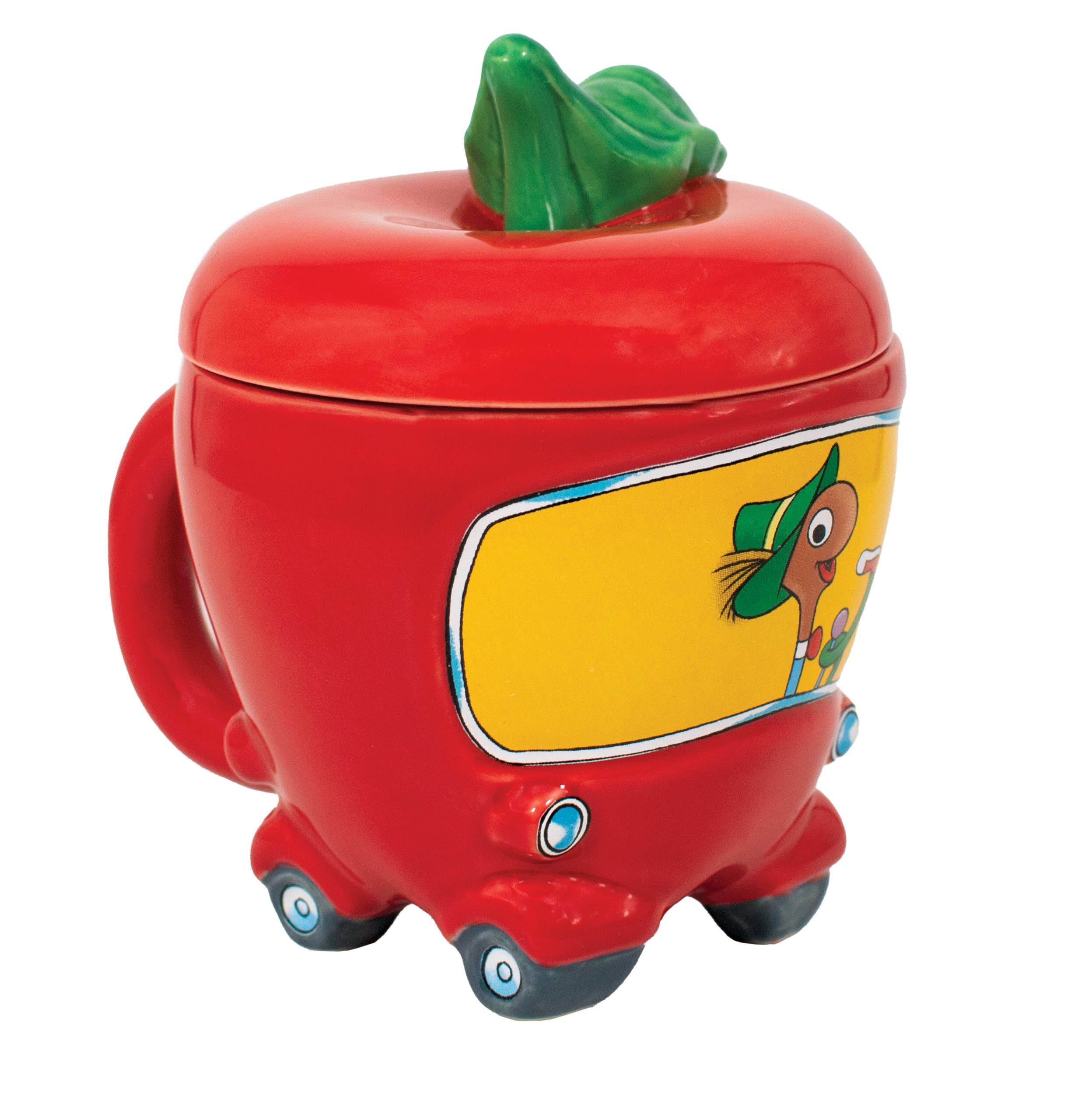 Ceramic apple shaped car mug with lid featuring Lowly Worm character inspired by Richard Scarry Busytown