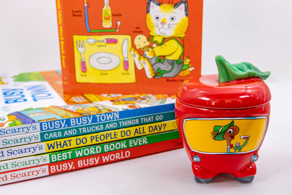 Ceramic apple shaped car mug with lid featuring Lowly Worm character inspired by Richard Scarry Busytown
