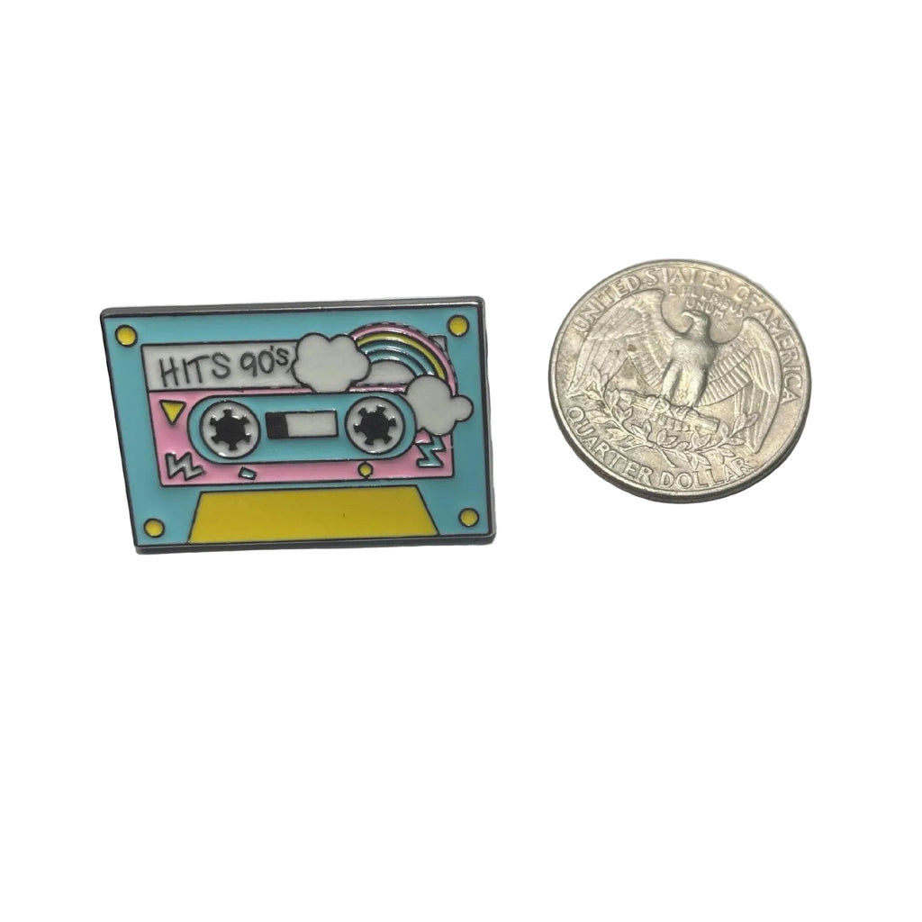 90s cassette tape enamel pin with colorful retro design and mixtape style details