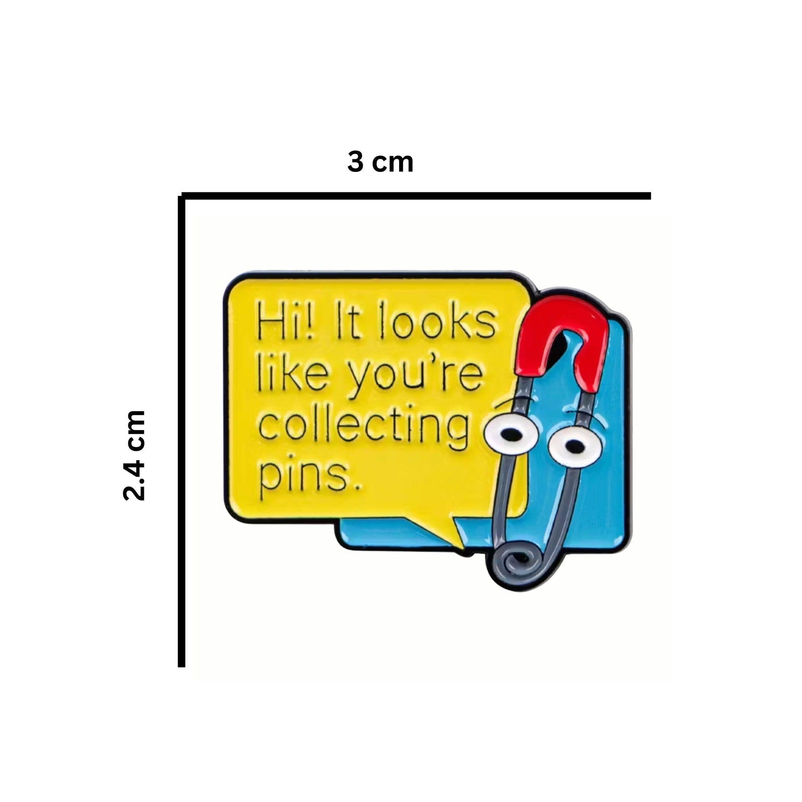 Clippy enamel pin from Microsoft Word featuring a paperclip character saying it looks like you're collecting pins