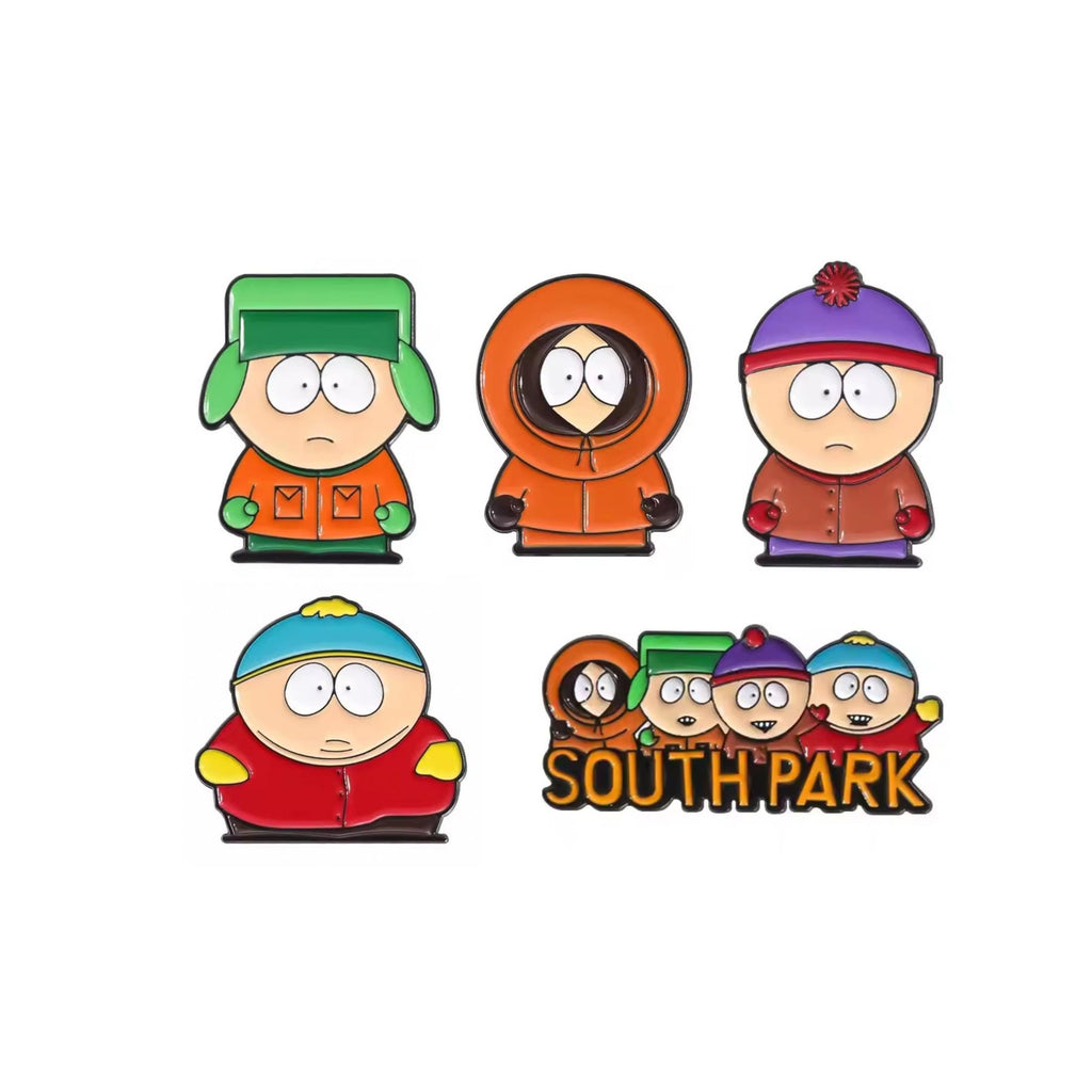 South Park enamel pins featuring Cartman, Kenny, Kyle, Stan, and group logo characters from the classic cartoon