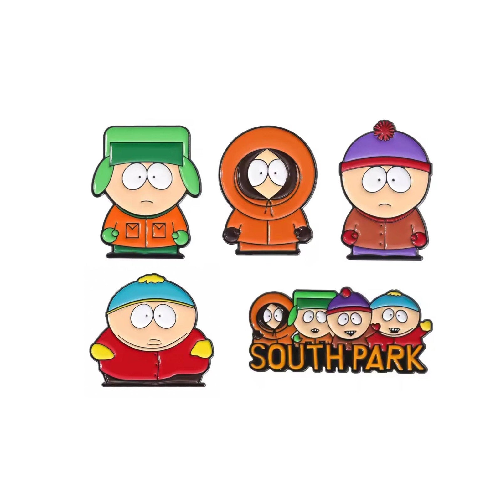 South Park enamel pins featuring Cartman, Kenny, Kyle, Stan, and group logo characters from the classic cartoon