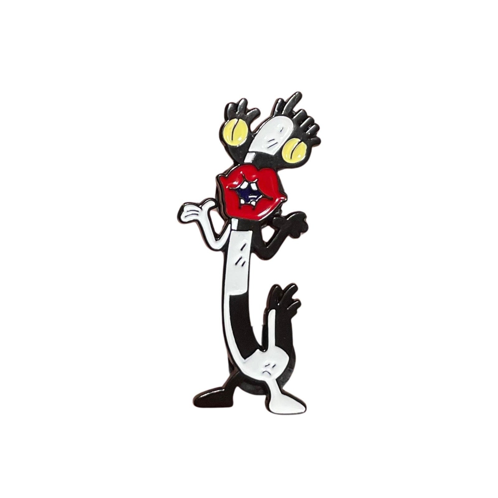 Oblina enamel pin from Aaahh Real Monsters featuring the black and white striped character with red lips