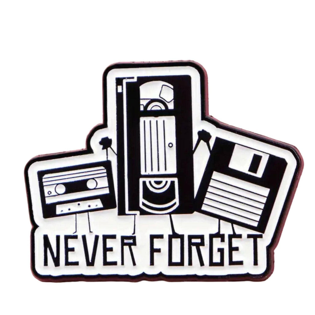 Never Forget enamel pin with VHS tape cassette tape and floppy disk retro 90s nostalgia design