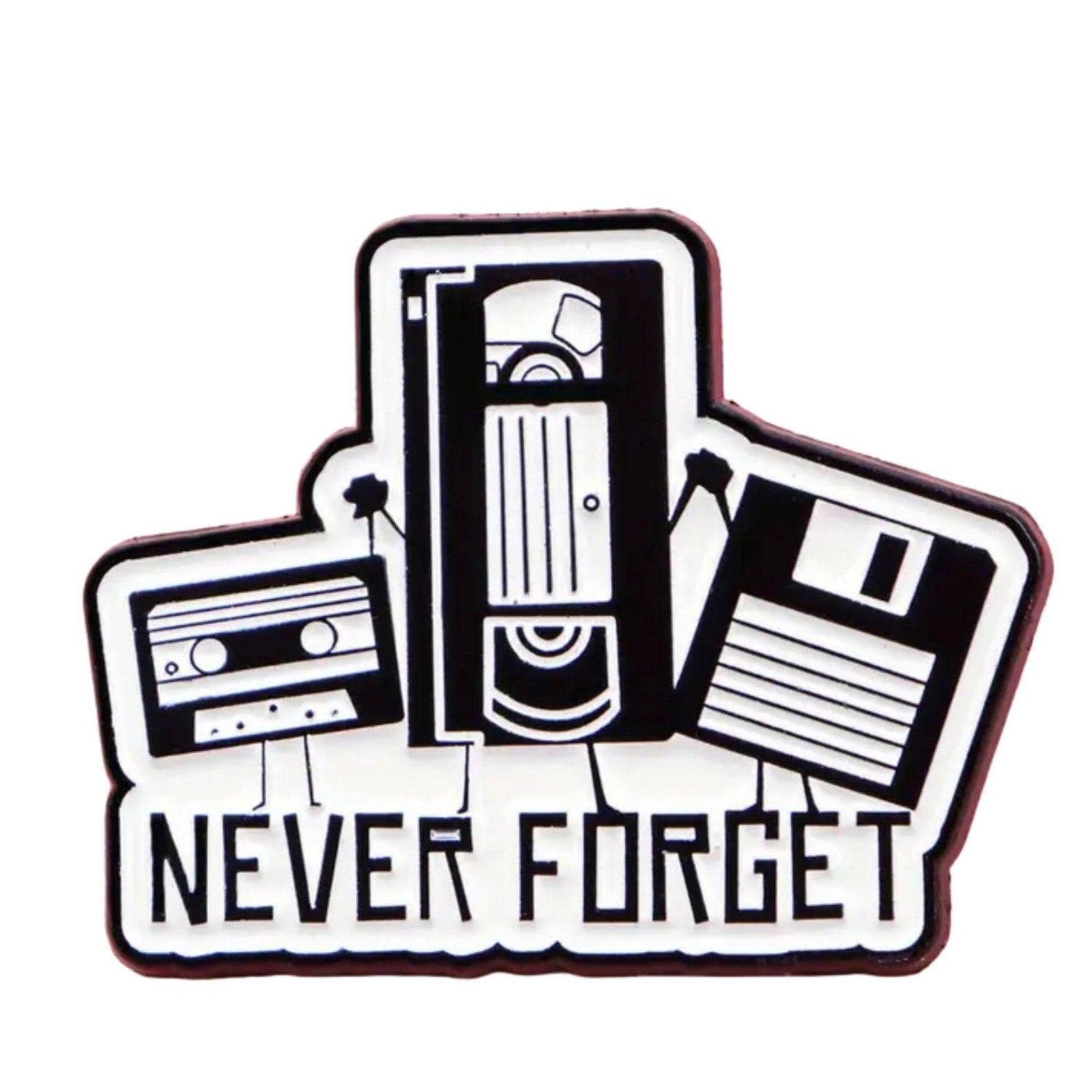 Never Forget enamel pin with VHS tape cassette tape and floppy disk retro 90s nostalgia design