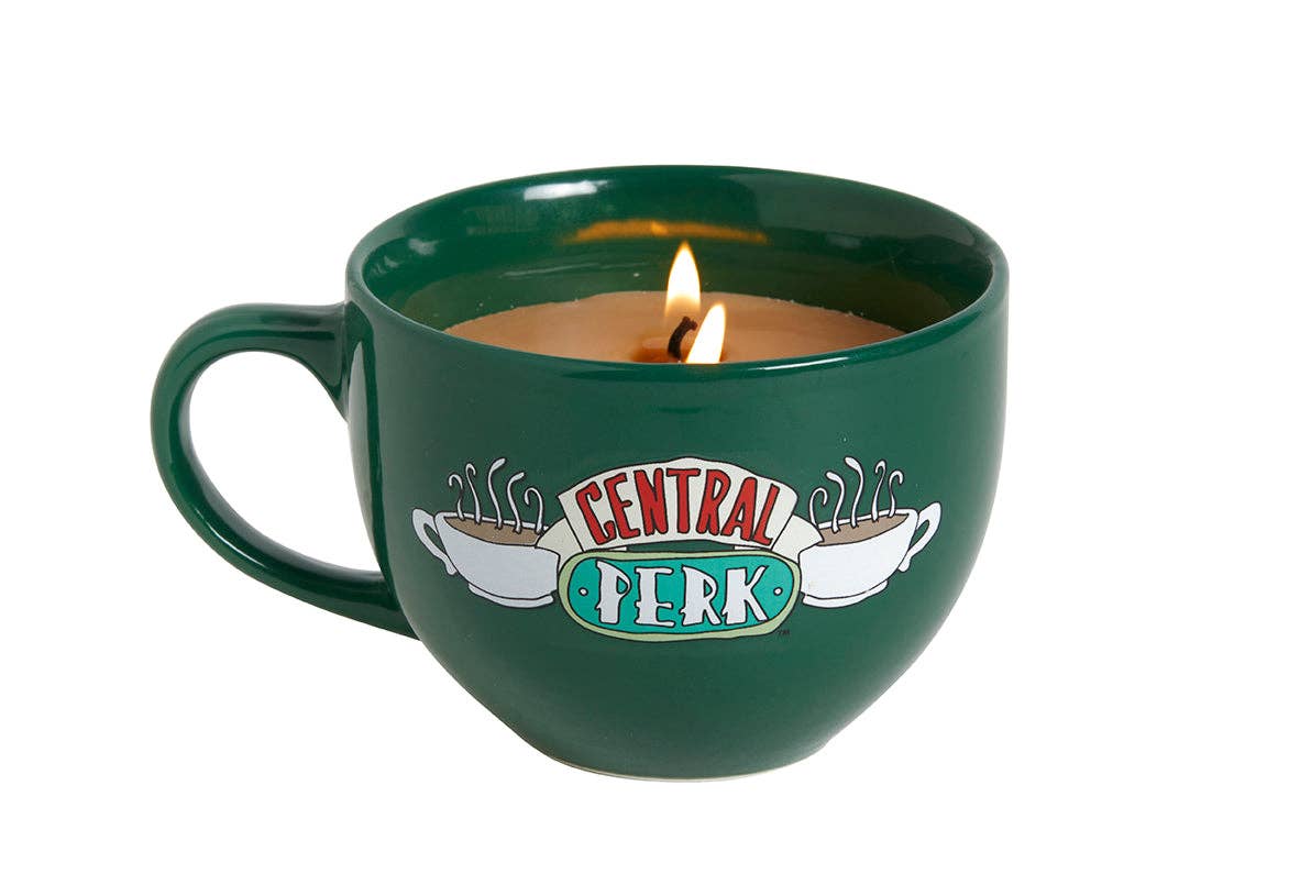 Friends Central Perk mug candle with coffee scented wax and double wick in green reusable coffee cup
