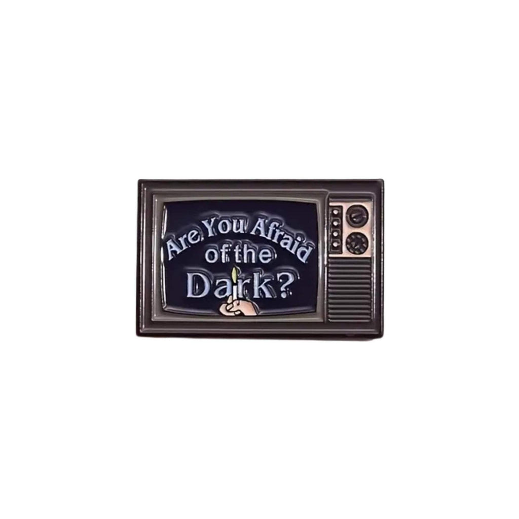 Are You Afraid of the Dark enamel pin designed as a vintage television screen with classic 90s Nickelodeon show logo