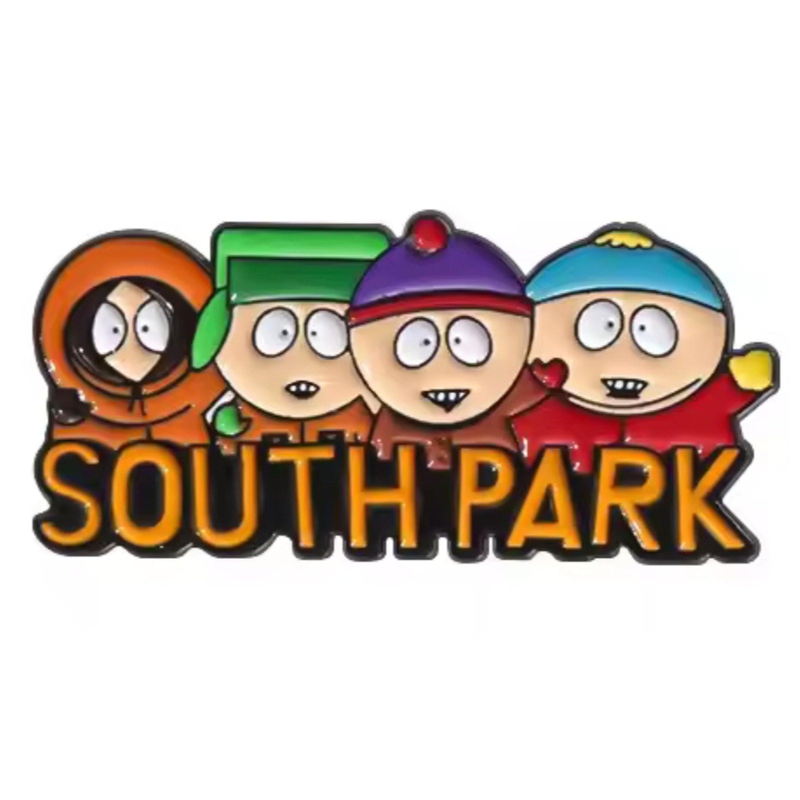 South Park enamel pins featuring Cartman, Kenny, Kyle, Stan, and group logo characters from the classic cartoon