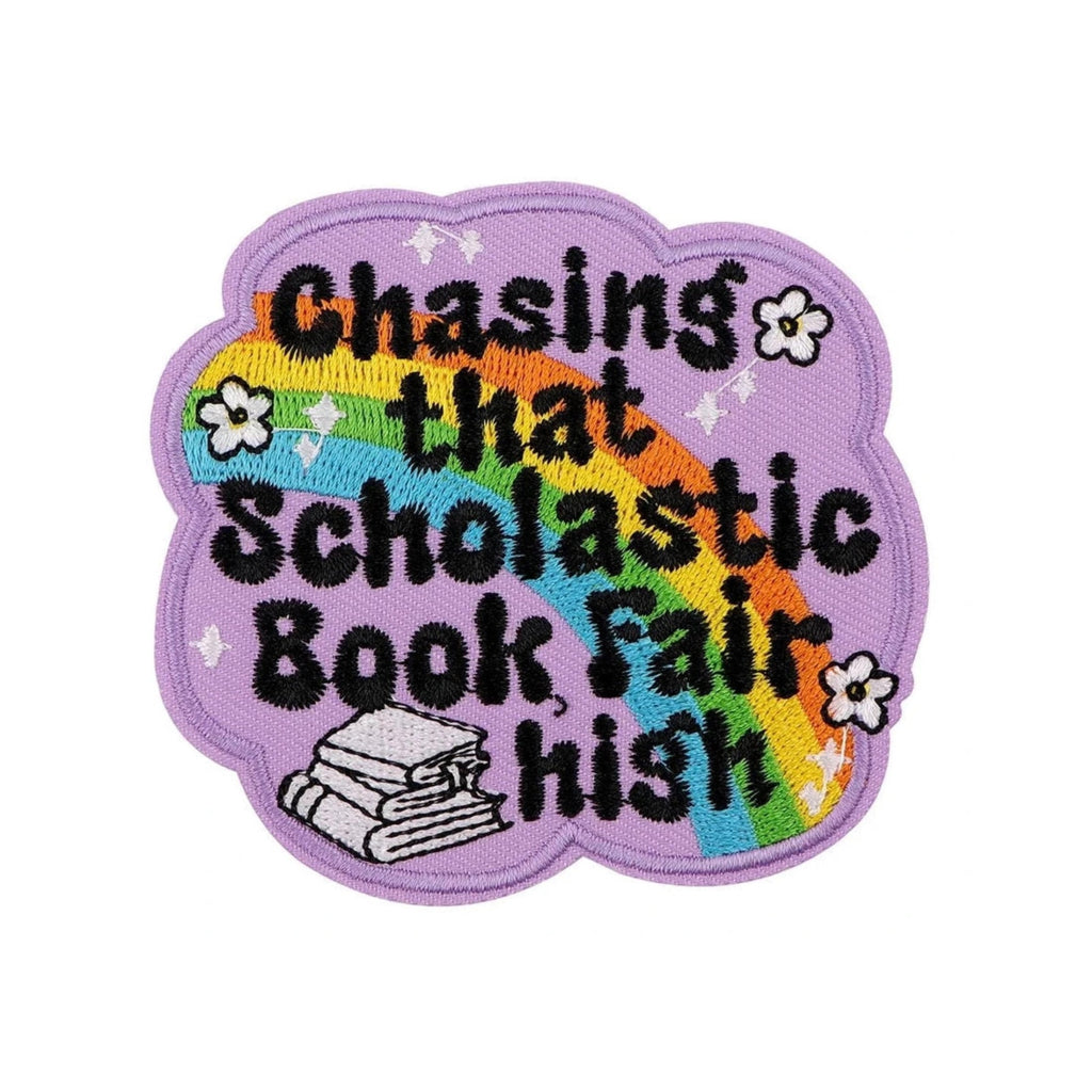 Chasing That Scholastic Book Fair High embroidered patch with rainbow and books retro school nostalgia