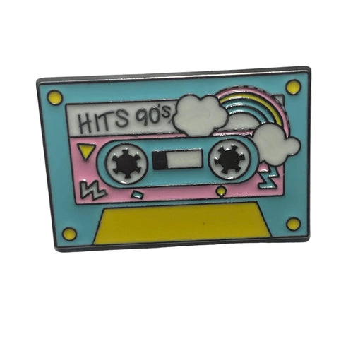 90s cassette tape enamel pin with colorful retro design and mixtape style details