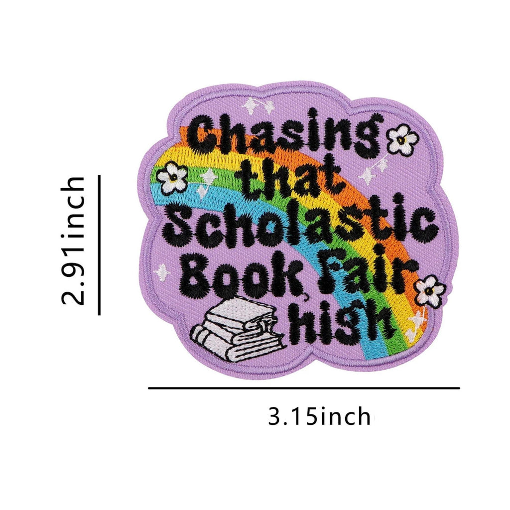 Chasing That Scholastic Book Fair High embroidered patch with rainbow and books retro school nostalgia