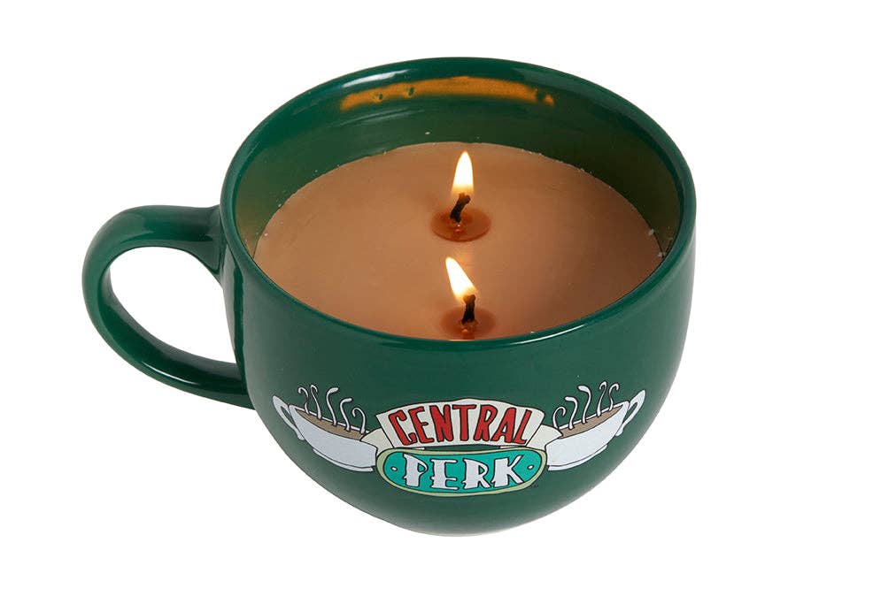 Friends Central Perk mug candle with coffee scented wax and double wick in green reusable coffee cup