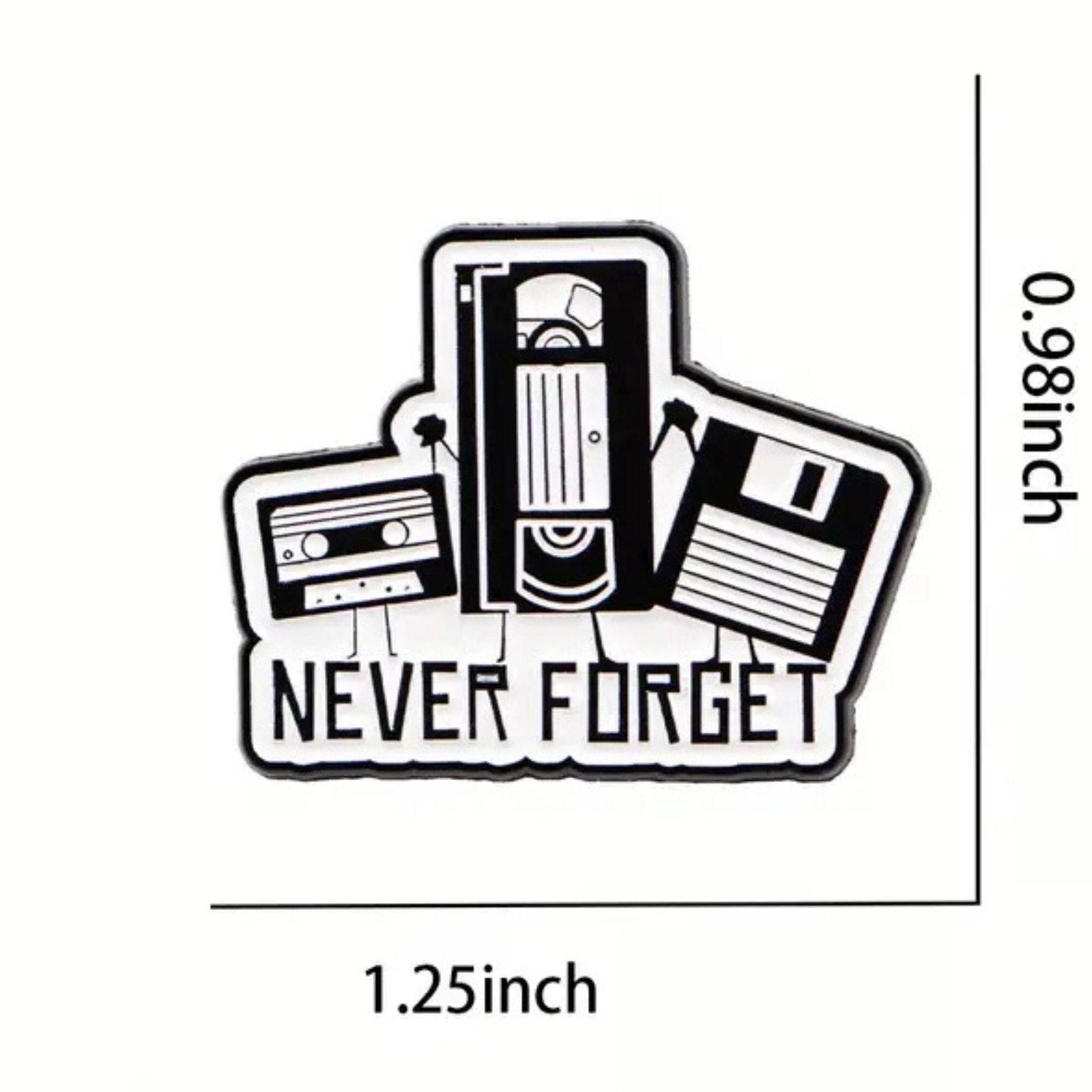 Never Forget enamel pin with VHS tape cassette tape and floppy disk retro 90s nostalgia design