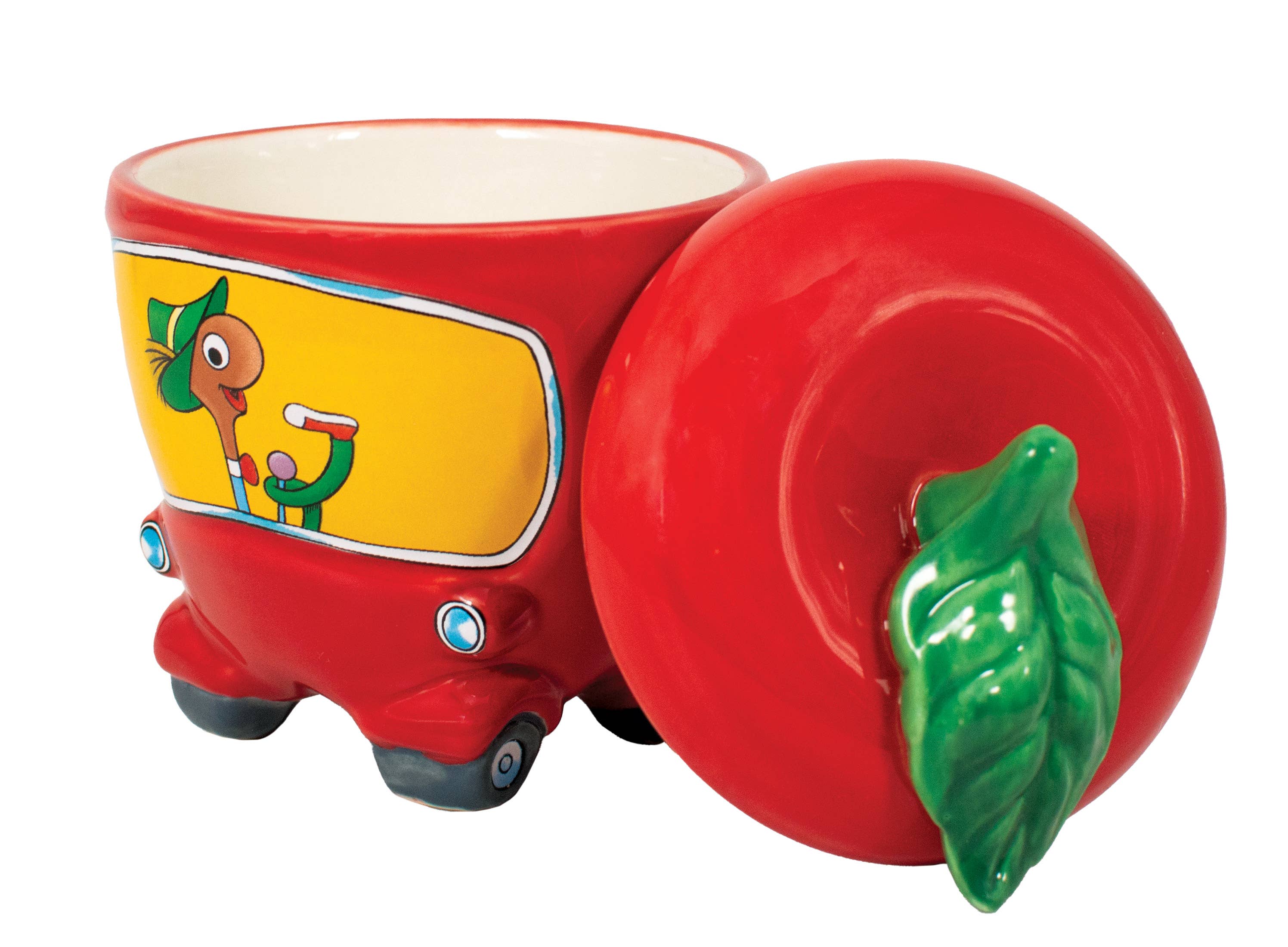 Ceramic apple shaped car mug with lid featuring Lowly Worm character inspired by Richard Scarry Busytown