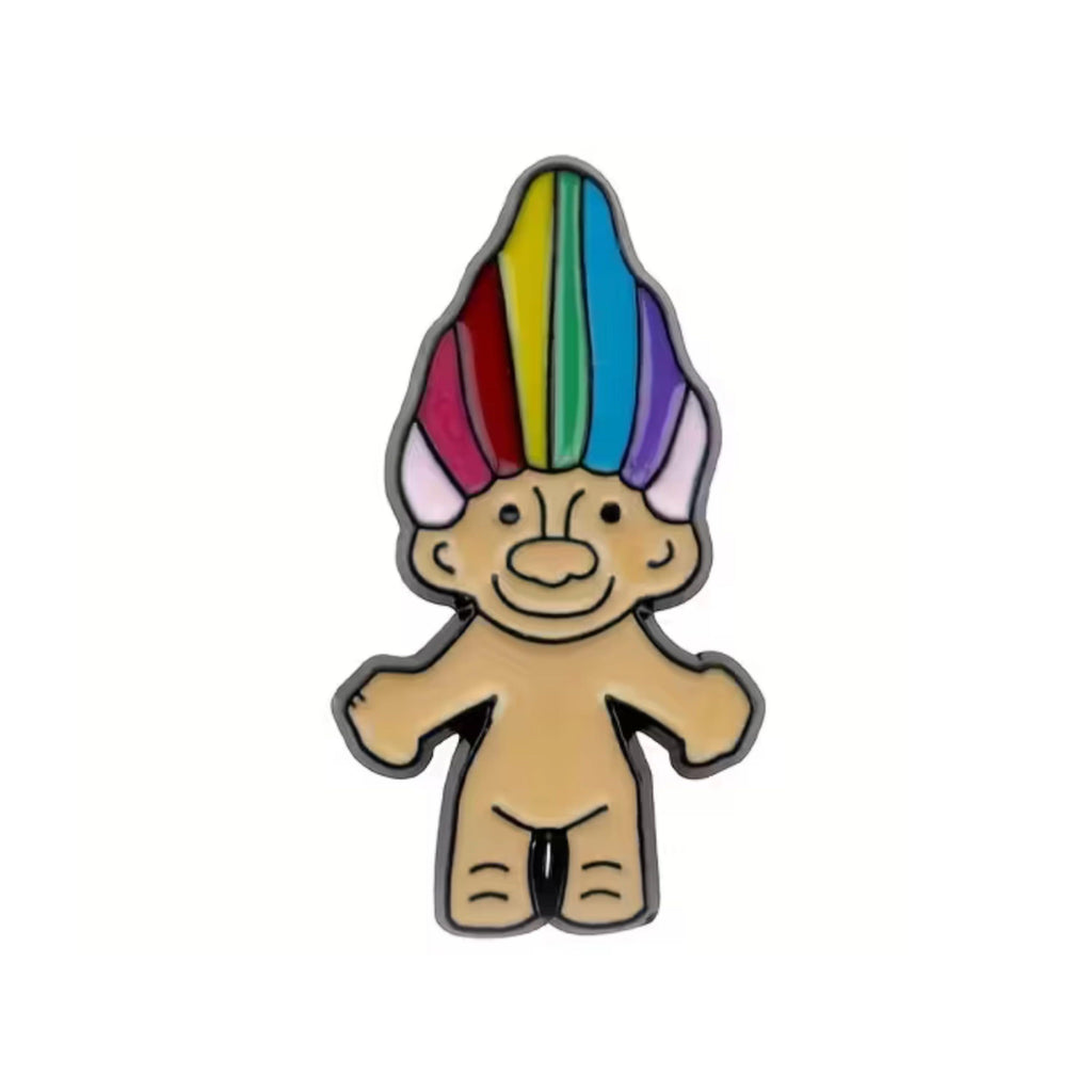 Colorful troll doll enamel pin with rainbow hair inspired by classic 90s toy