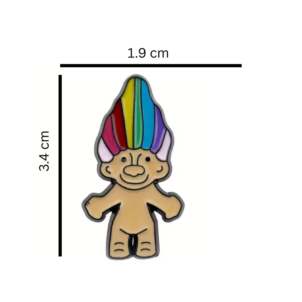 Colorful troll doll enamel pin with rainbow hair inspired by classic 90s toy