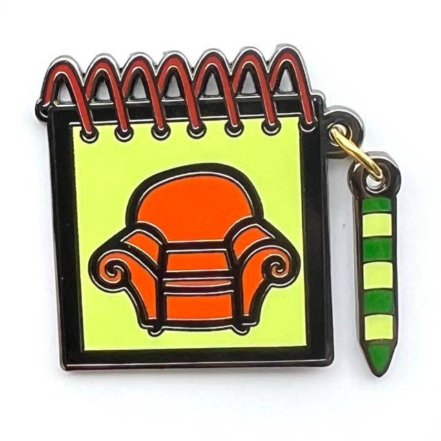 Blues Clues handy dandy notebook enamel pin with dangling green crayon charm
