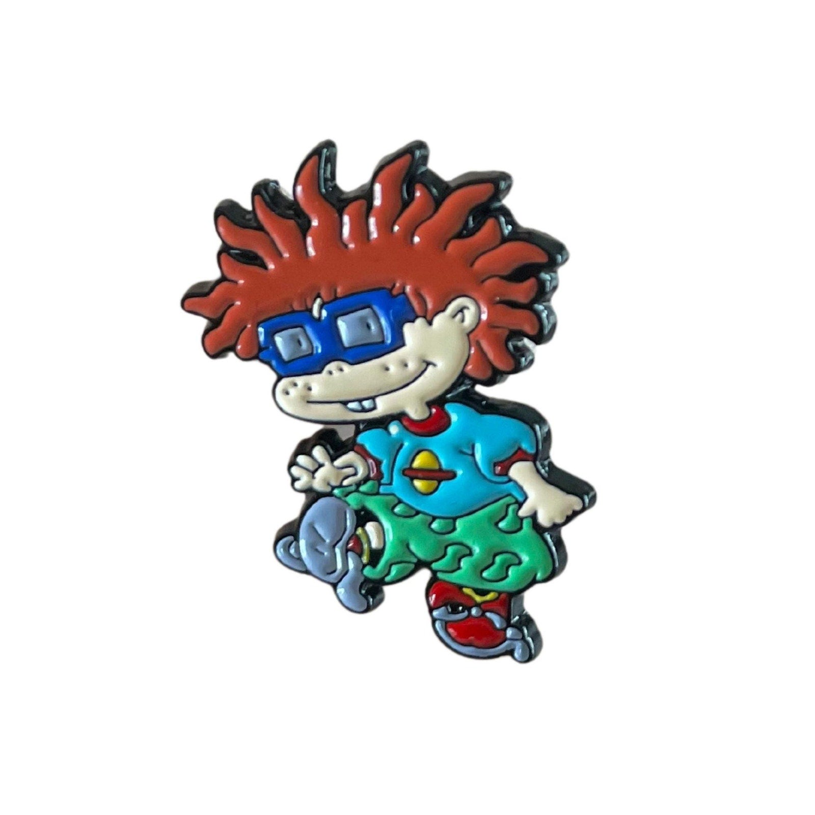 Rugrats Chuckie Finster enamel pin with red hair and purple glasses retro 90s cartoon accessory