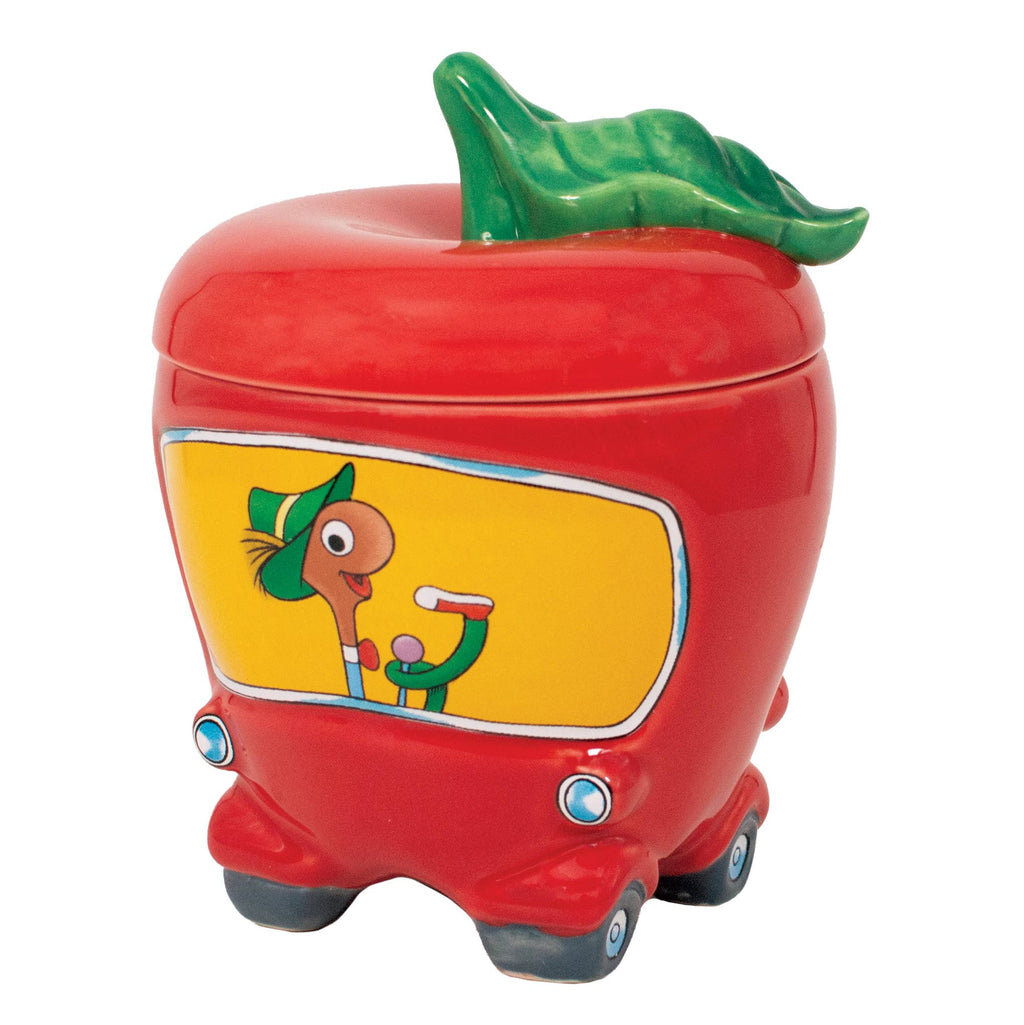 Ceramic apple shaped car mug with lid featuring Lowly Worm character inspired by Richard Scarry Busytown
