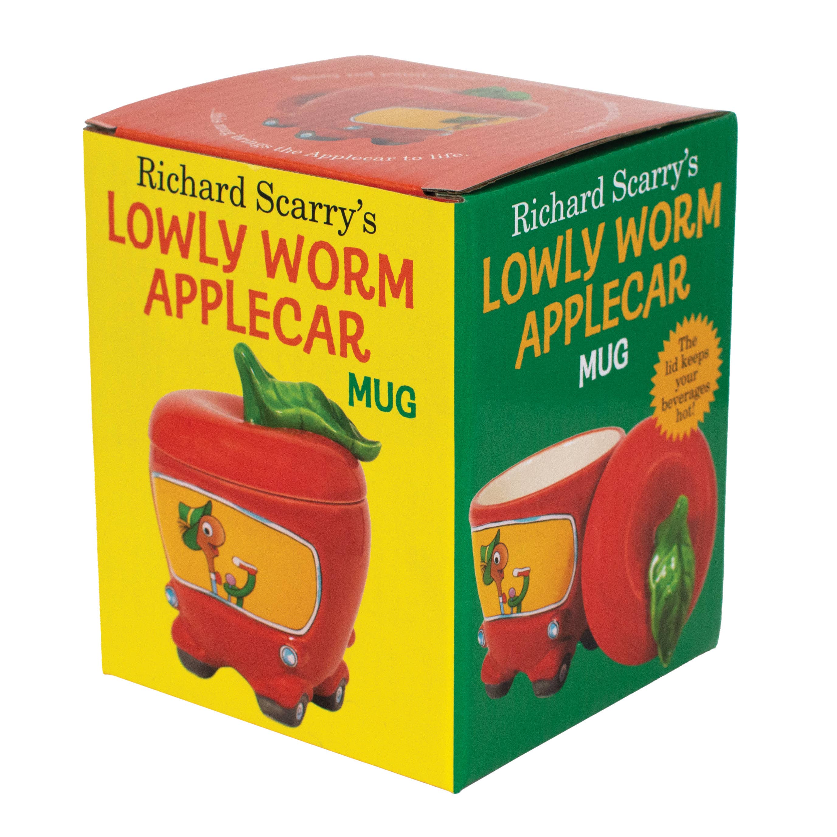 Ceramic apple shaped car mug with lid featuring Lowly Worm character inspired by Richard Scarry Busytown