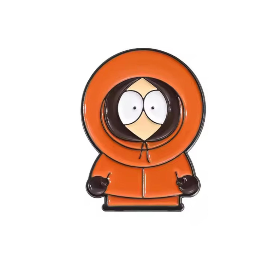South Park enamel pins featuring Cartman, Kenny, Kyle, Stan, and group logo characters from the classic cartoon