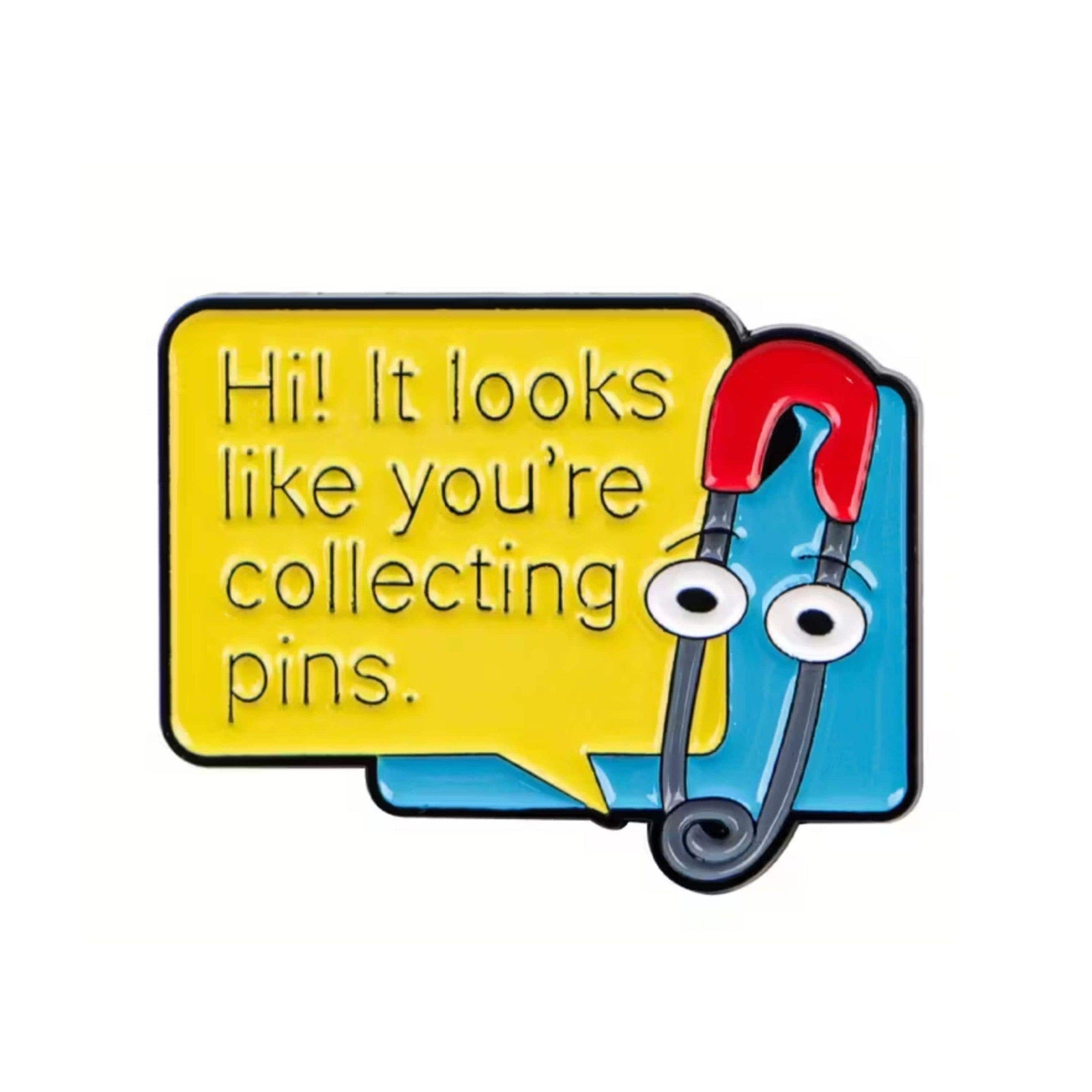 Clippy enamel pin from Microsoft Word featuring a paperclip character saying it looks like you're collecting pins