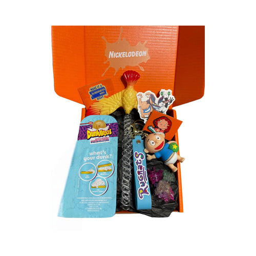 90s nostalgia gift box with dunkaroos retro toys pins and stickers
